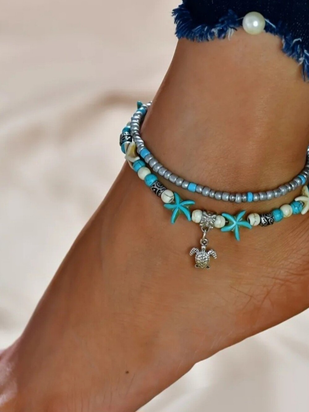 Blue & Gray Starfish Turtle Pendant Anklet